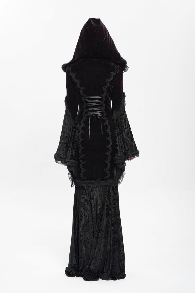 Crimson & Noir Long Flared Sleeve Embroidered Stitched Hooded Mesh Gothic Dress