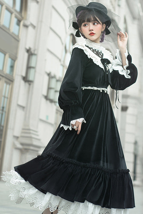 Elegant Velvet Collar Long-Sleeve OP Dress in Black
