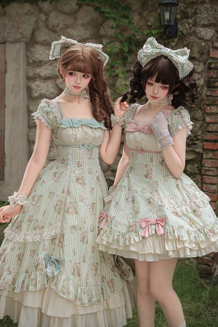 Emerald An Encounter with Austin Square Collar Short Sleeve Multi Rose Printed Ruffled Bow Lace Sweet Lolita Gown