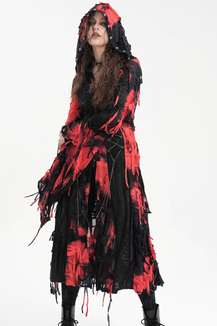 Crimson & Noir Long Sleeve Lace Distressed Zippered Punk Coat