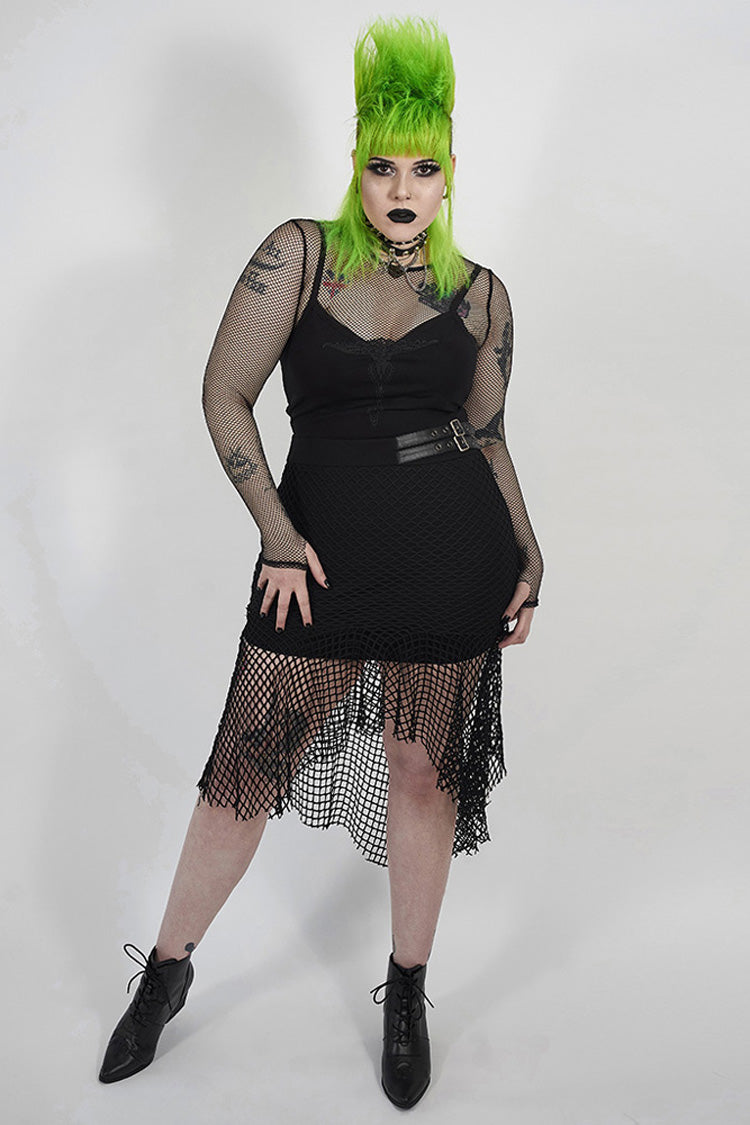 Fishtail Knit Skirt with Leather Clasps and Mesh Panels