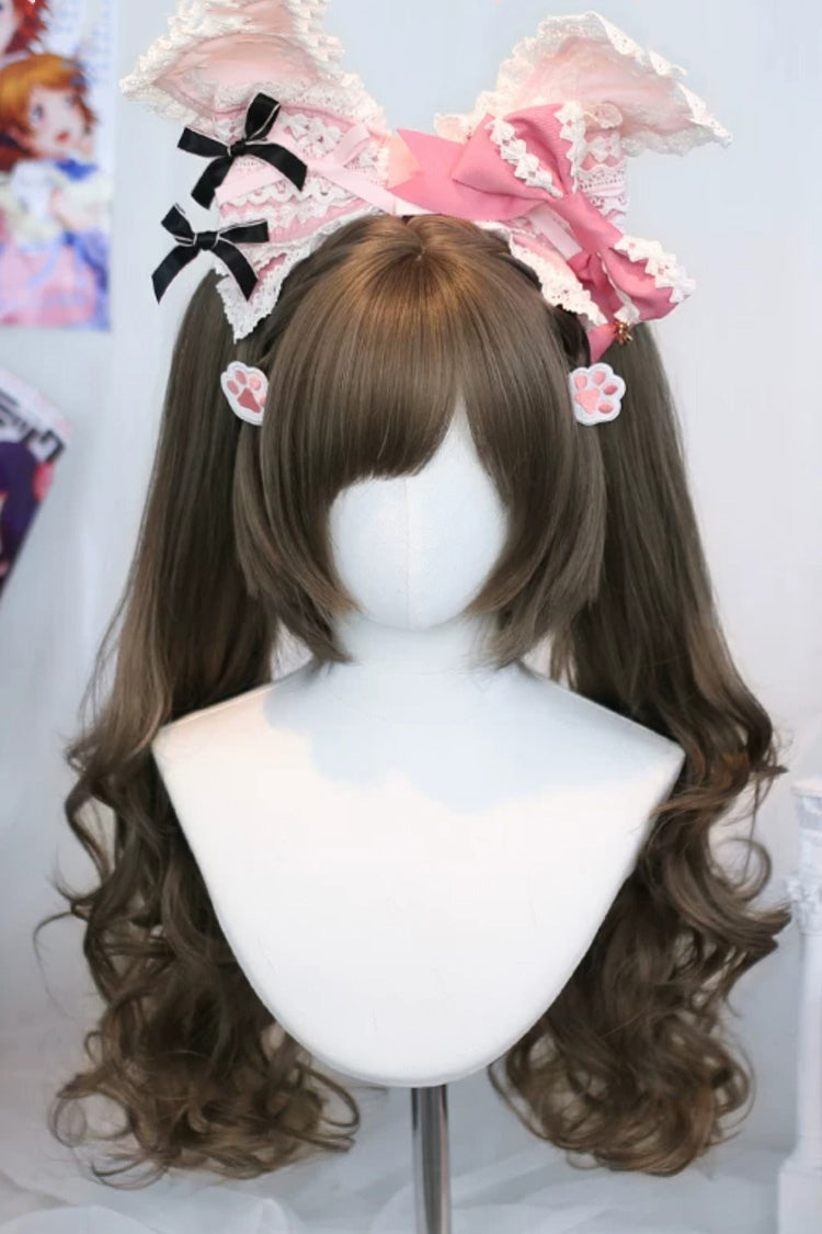 Sweet Lolita Twin Pigtails Wig Set with Ash Brown Side-Swept Bangs