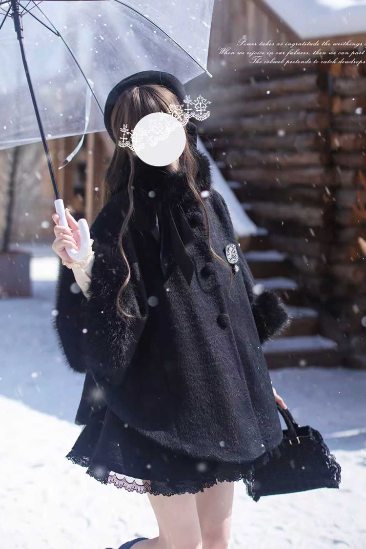 Japanese Lolita Fluffy Cloak Coat with Lace and Extended Sleeves