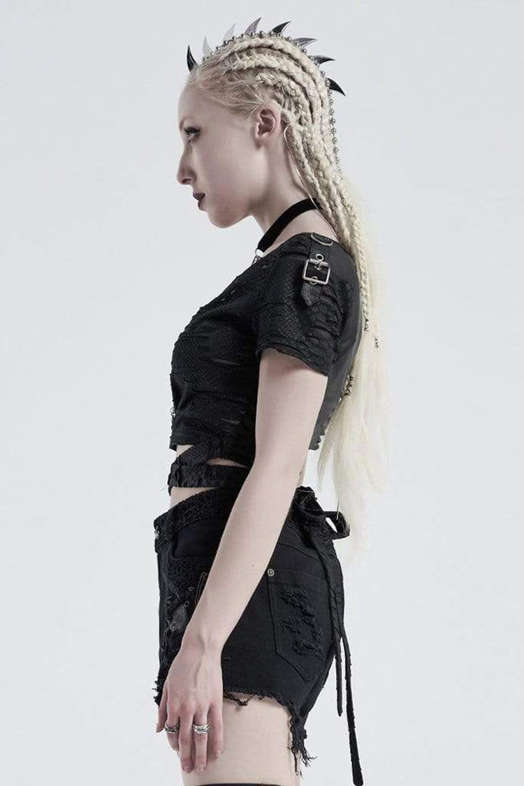 Punk V-Neck Short Sleeve Tee with Back Bandage & Distressed Holes in Black