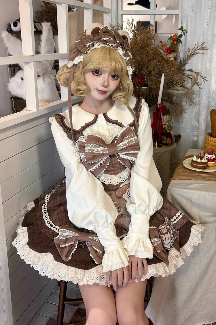 Chocolate Sleeveless Print Bow Lace JSK - Hot Cocoa Little Bear