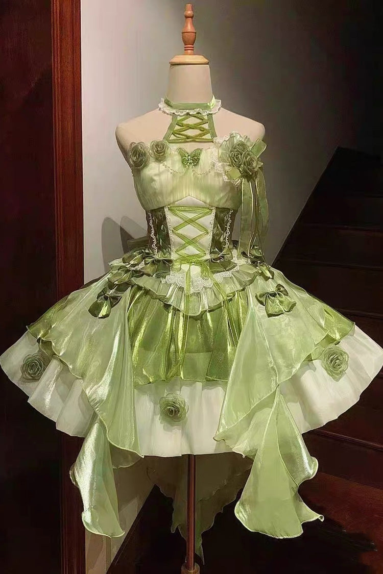 Emerald Camellia Covenant Halterneck Ruffled Bow Lace Lace-Up Sweet Lolita Jumper