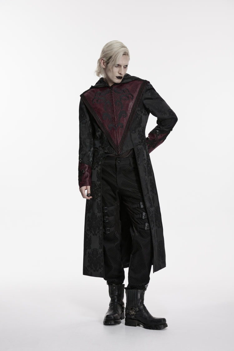 Crimson Noir Jacquard Hooded Embroidered Spliced Long-Sleeve Men's Punk Jacket