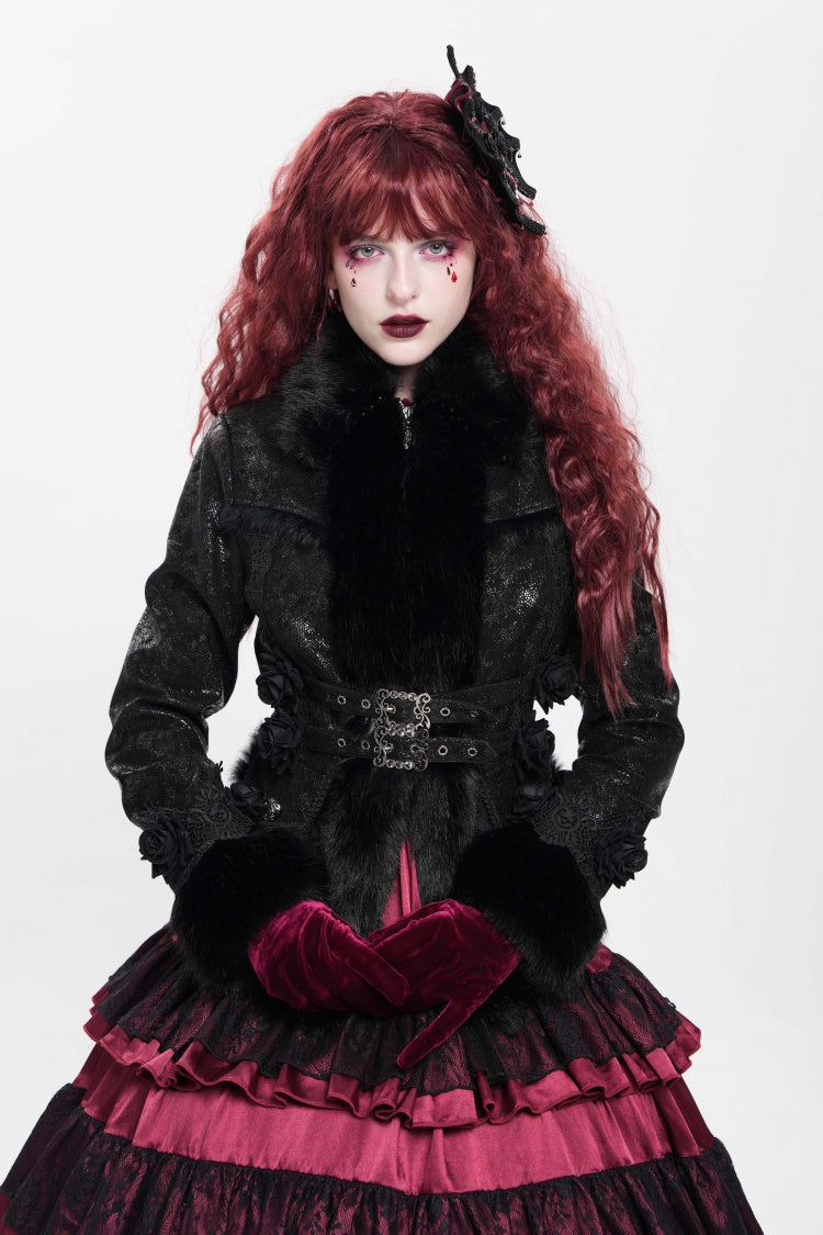 Victorian Gothic Coat with Rose Floral Embroidery and Buckle Straps, Long Sleeve