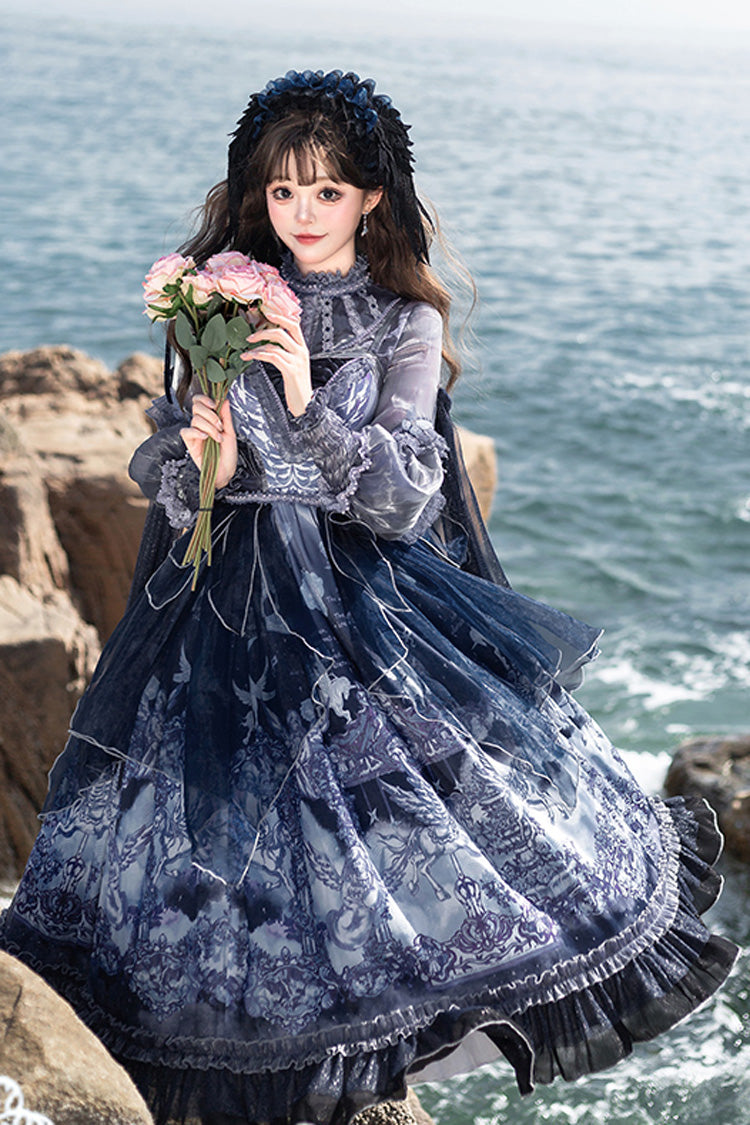 Asymmetric Classic Elegant Print Ruffled Bow JSK - Angel Garden