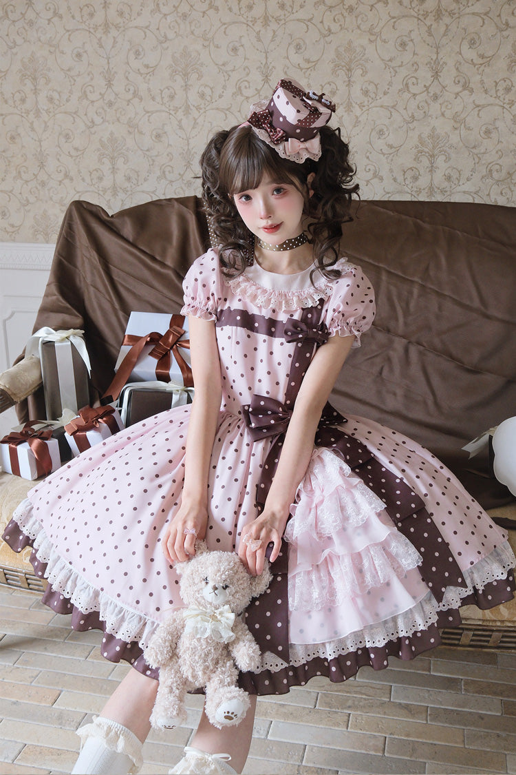 Canelé Gift Box Round Collar Short-Sleeve Polka Dot Ruffle Open Bow Asymmetric Lolita Dress