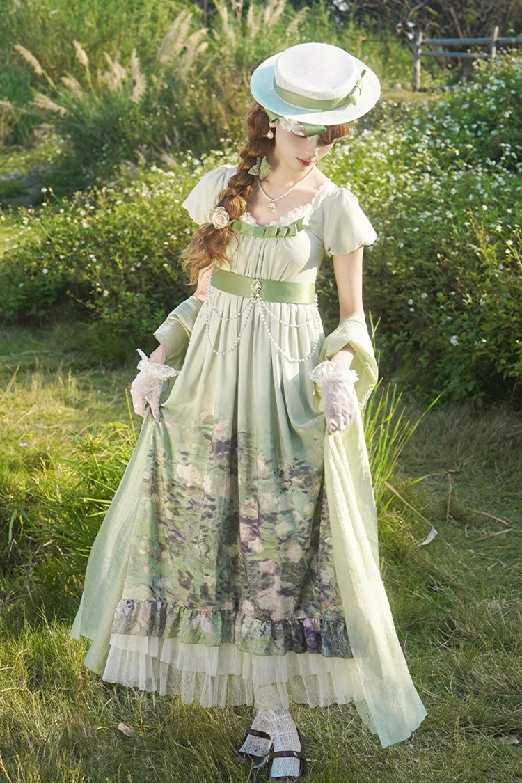 Emerald Blooming Roses Oil Painting Chiffon Short Sleeve Ruffle Bow Sweet Lolita Gown