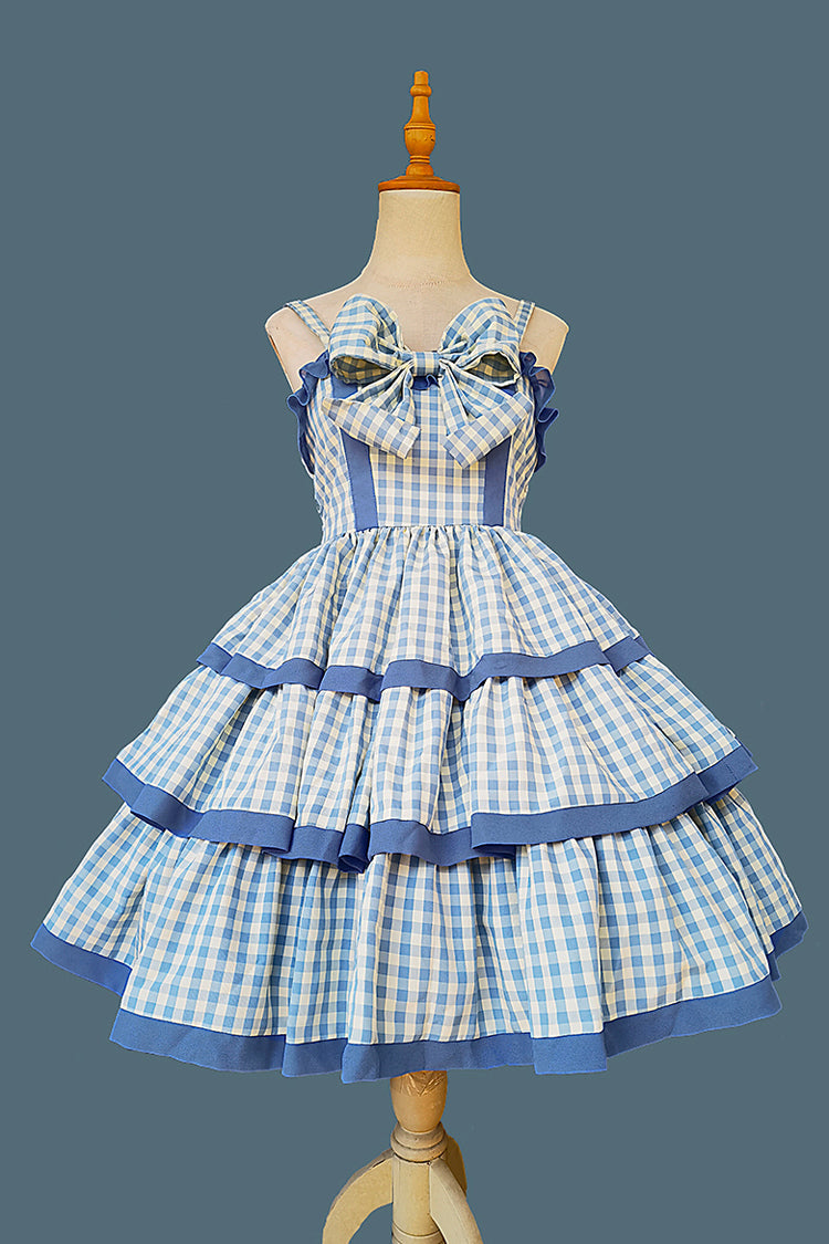 Triple-Layered Tartan Bow-Adorned Sweet Princess Gown with Ruffles - Cloth Cat