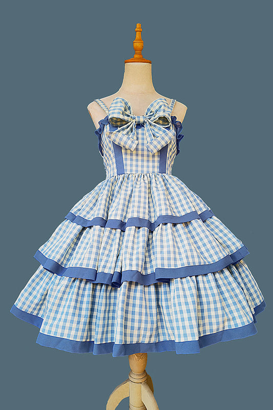 Triple-Layered Tartan Bow-Adorned Sweet Princess Gown with Ruffles - Cloth Cat