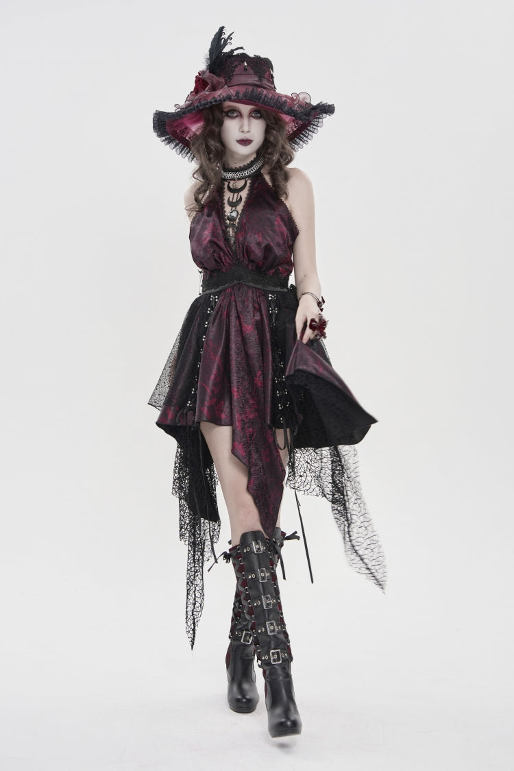 Crimson & Noir Strapless Layered Lace Tassel Gothic Dress with Print
