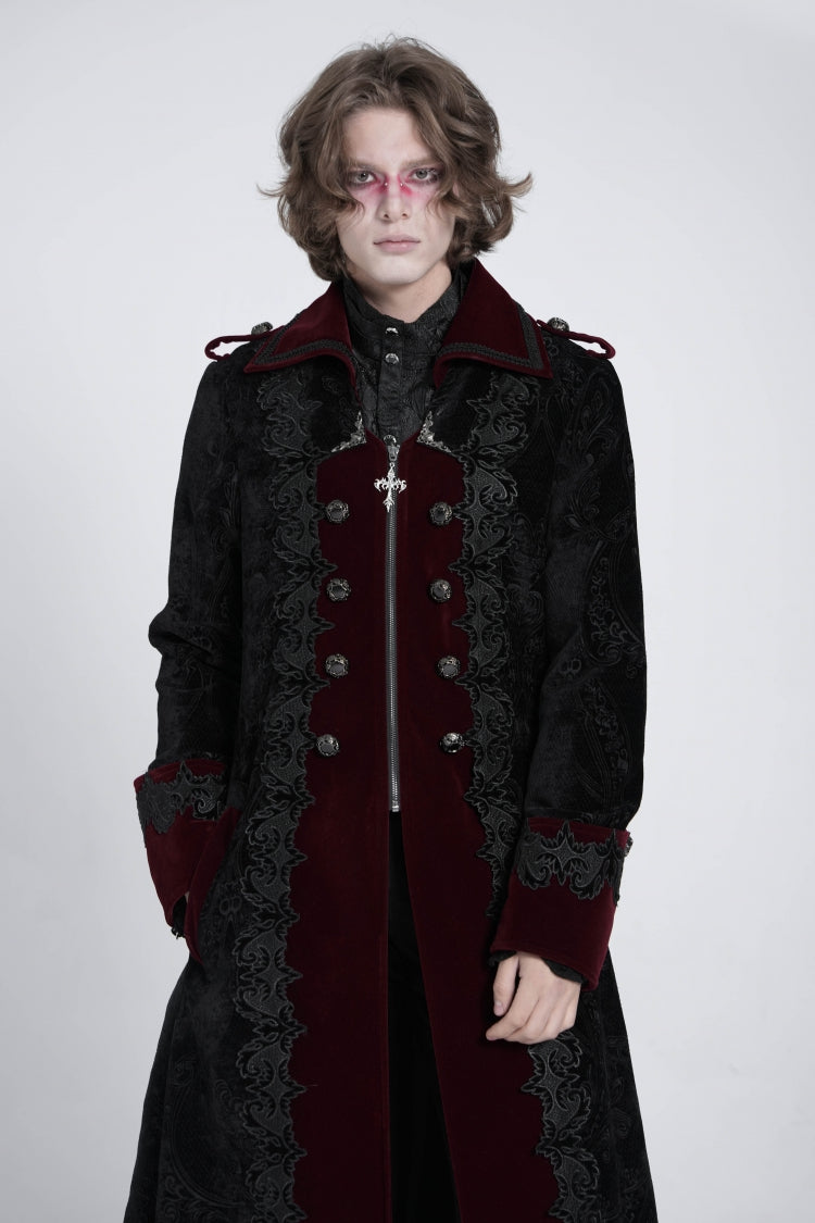 Crimson Noir Zipper Embroidery Lapel Collar Men's Gothic Coat