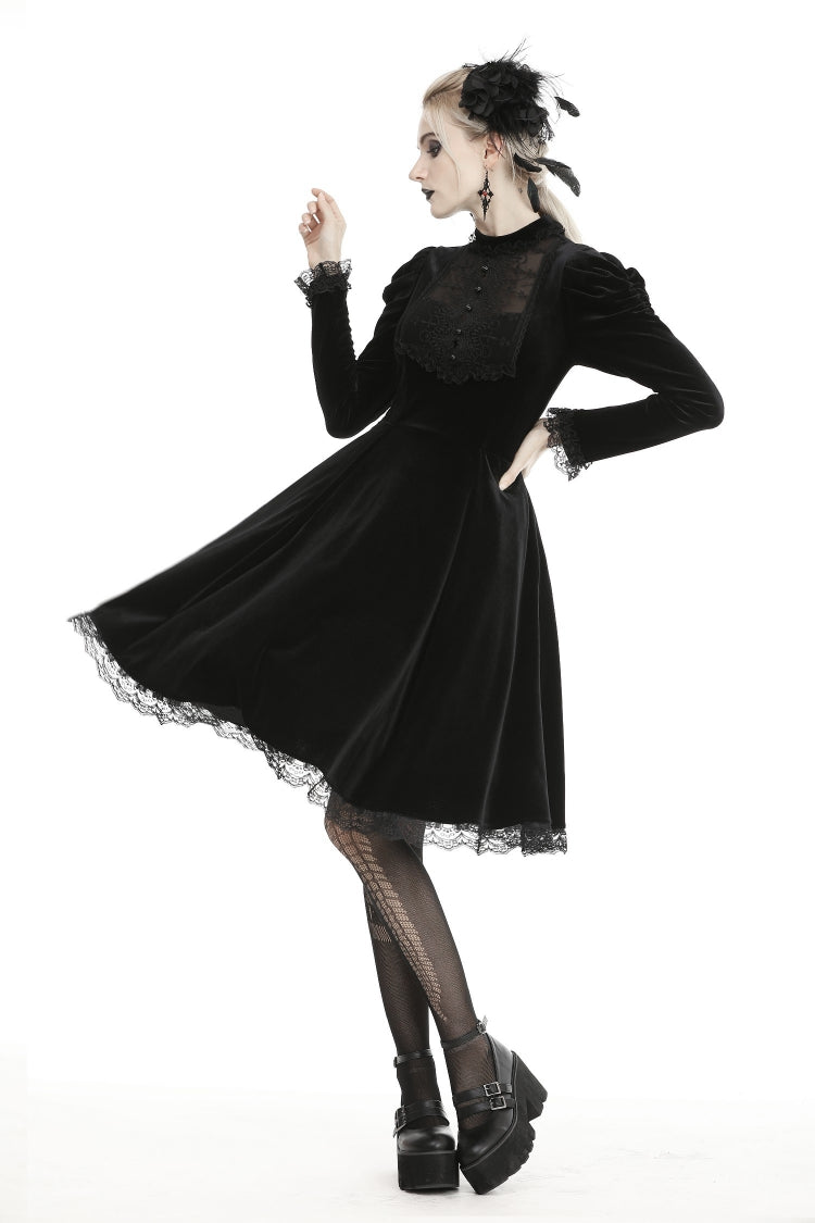 Gothic Velvet Gown with Puff Sleeves and Lace Detailing in Black