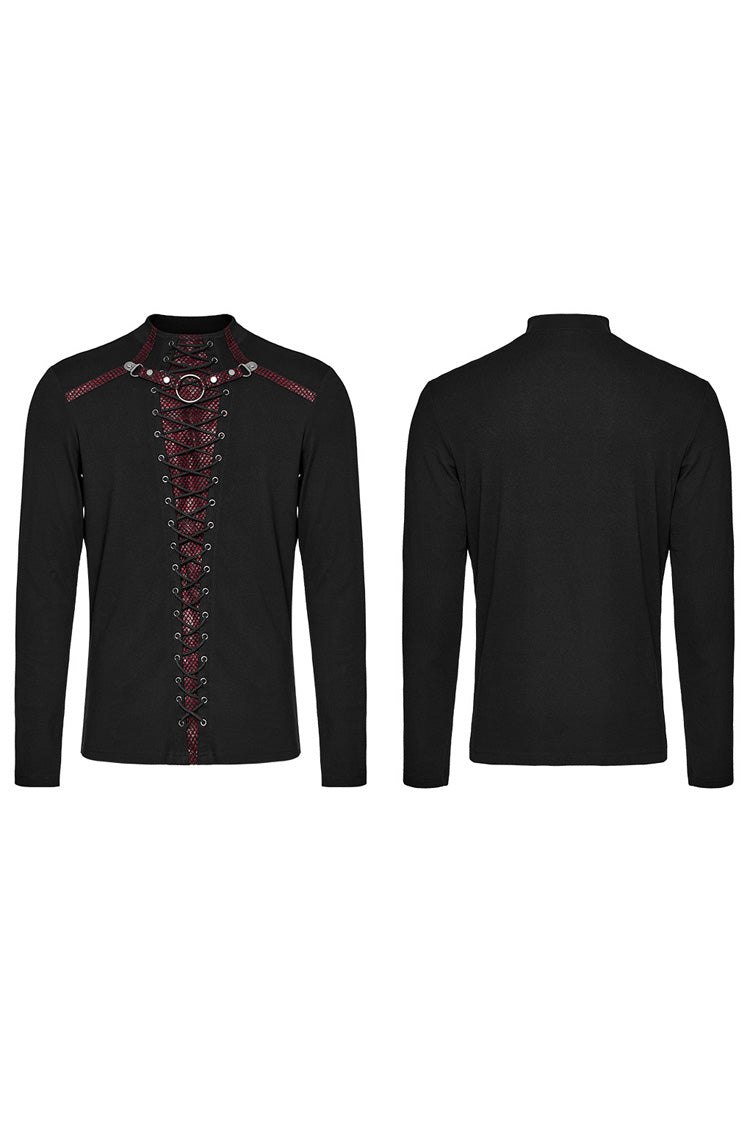 Crimson & Noir Long Sleeve Stitched Lace-Up Distressed Men's Punk Shirt