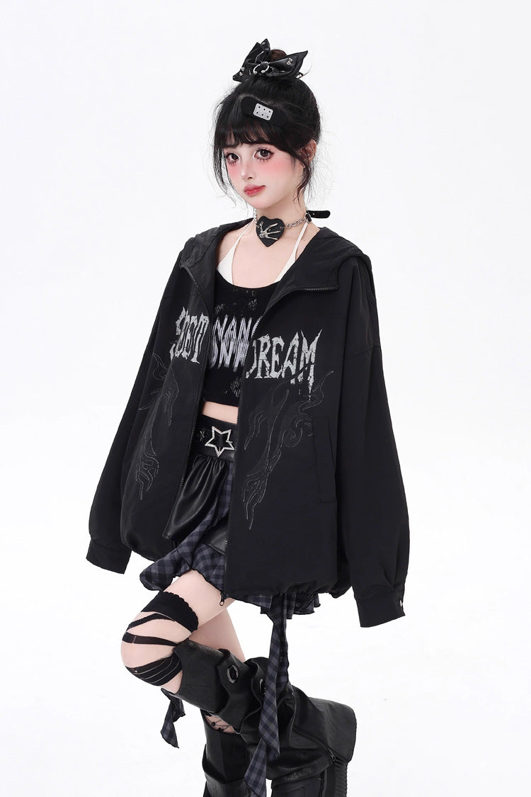 Loose Jirai Kei Gothic Coat with Print and Zipper, Long Sleeve