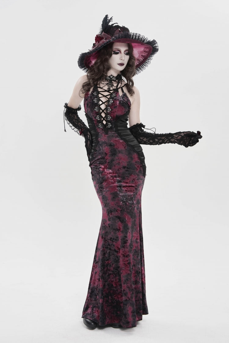 Crimson & Noir Halter Neck Printed Hanayome Lace-Up Fitted Pleated Gothic JSK Dress