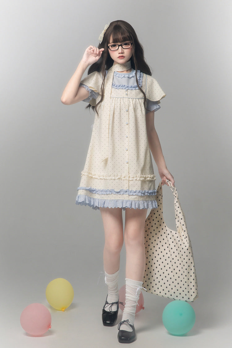 Polka Dot Bouclé Printed Ruffled Faux Two-Piece Sweet Japanese Lolita Dress with Round Collar and Long Sleeves