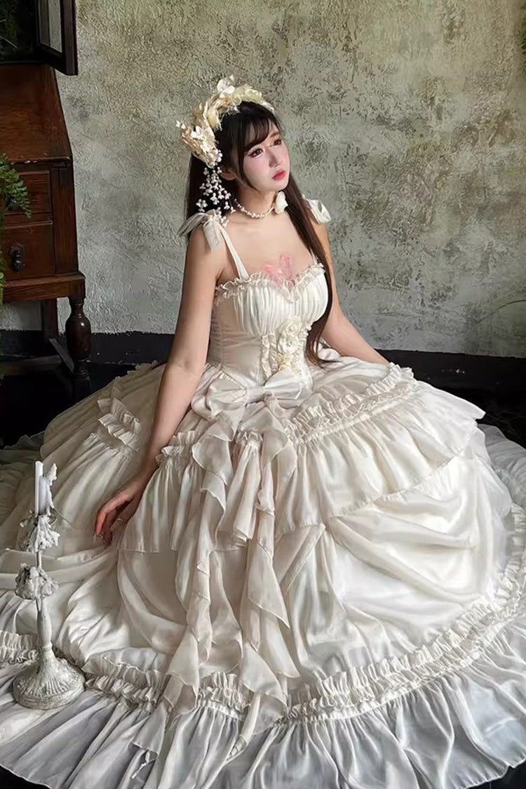 Antique Bride Sleeveless Multi-Layered Ruffled Bow Lace Sweet Elegant Gorgeous Full Skirt Lolita Jsk Dress
