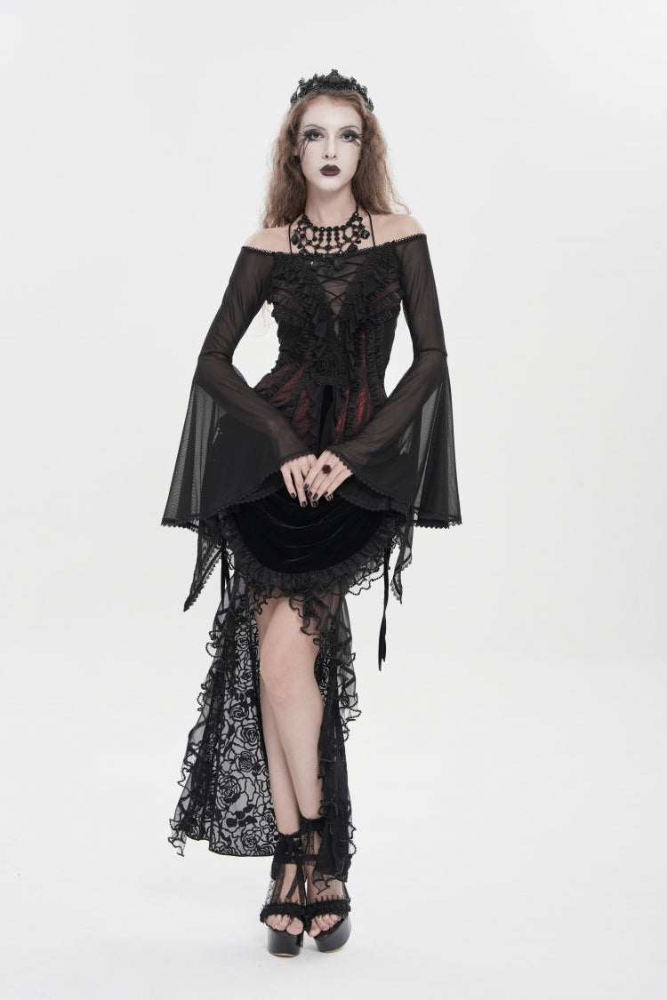 Crimson & Noir Off-Shoulder Long Bell Sleeve Ruffled Embroidered Lace-Up Gothic Blouse