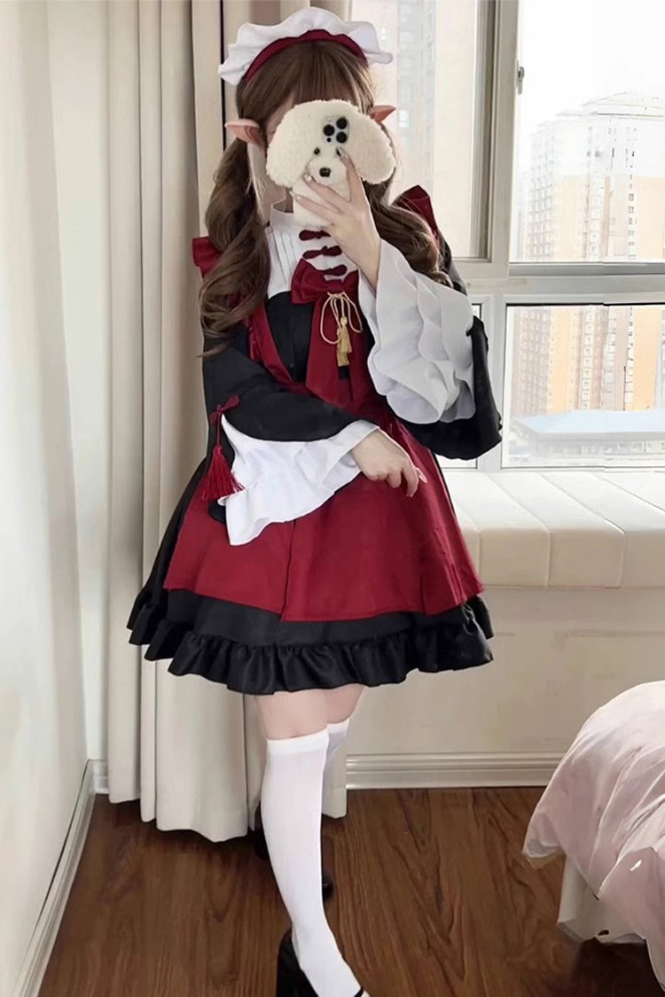 Crimson & Noir Maid Long Flared Sleeve Ruffled Bow Classic Plus Size Chinese Lolita Full Set