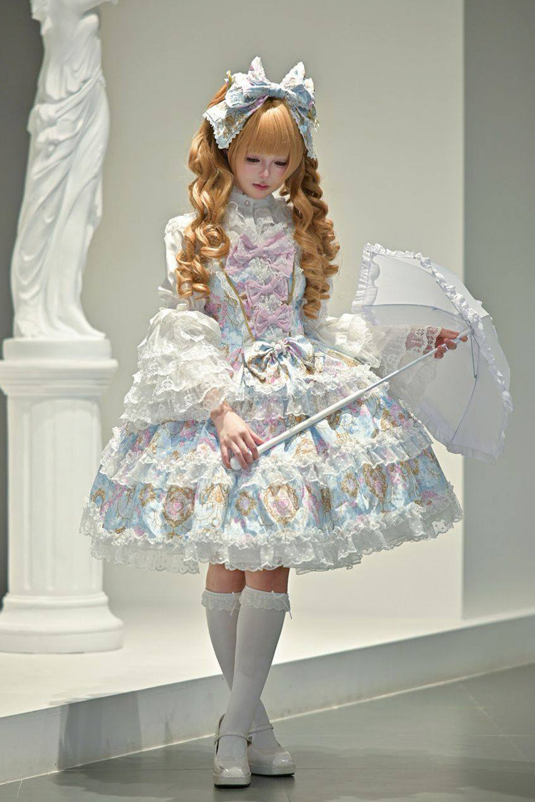 Triple-Layered Floral Wall Print Ruffled Bow JSK - Candelabrum Elegy