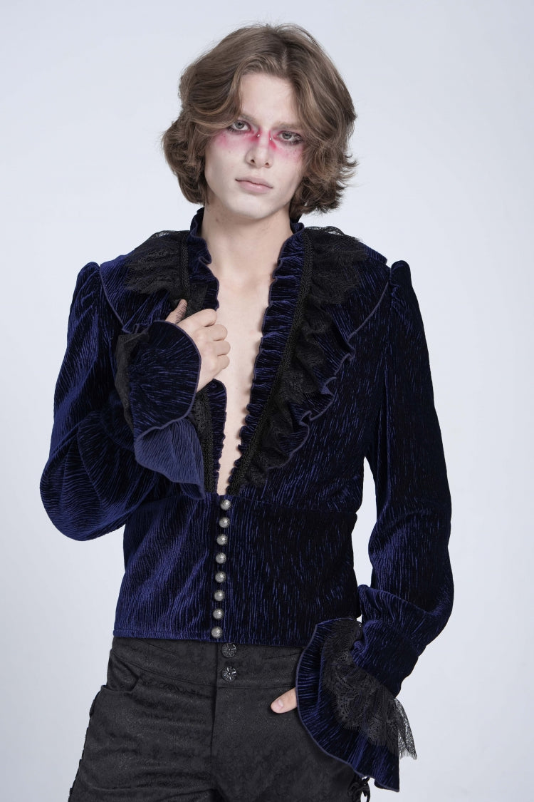 Azure V-Neck Long Sleeve Ruffle Trim Lace Gothic Men's Shirt