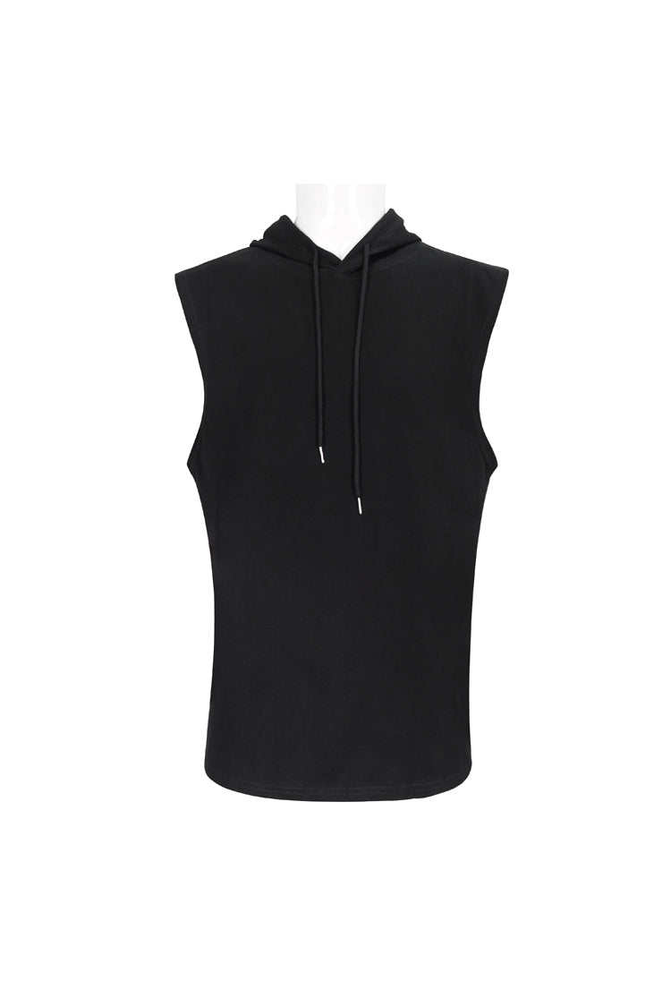 Men's Punk Sleeveless Hooded Tank Top in Irregular Black Knit Design