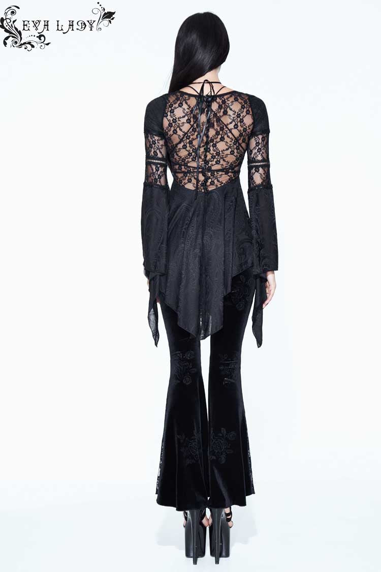 Transparent Mesh Long-Sleeve High-Low Lace Blouse