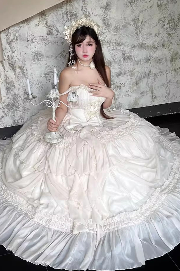 Antique Bride Sleeveless Multi-Layered Ruffled Bow Lace Sweet Elegant Gorgeous Full Skirt Lolita Jsk Dress