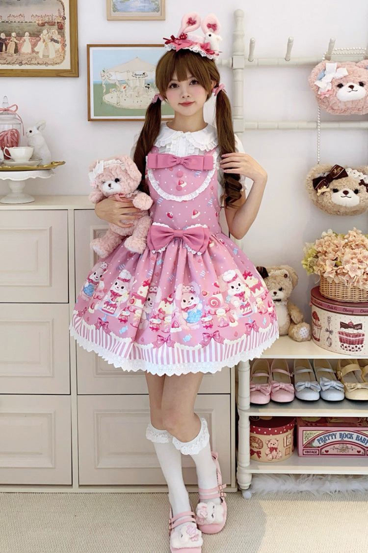 Rose Cupid Bunny Print Sleeveless Bow Princess Lolita Strappy Dress