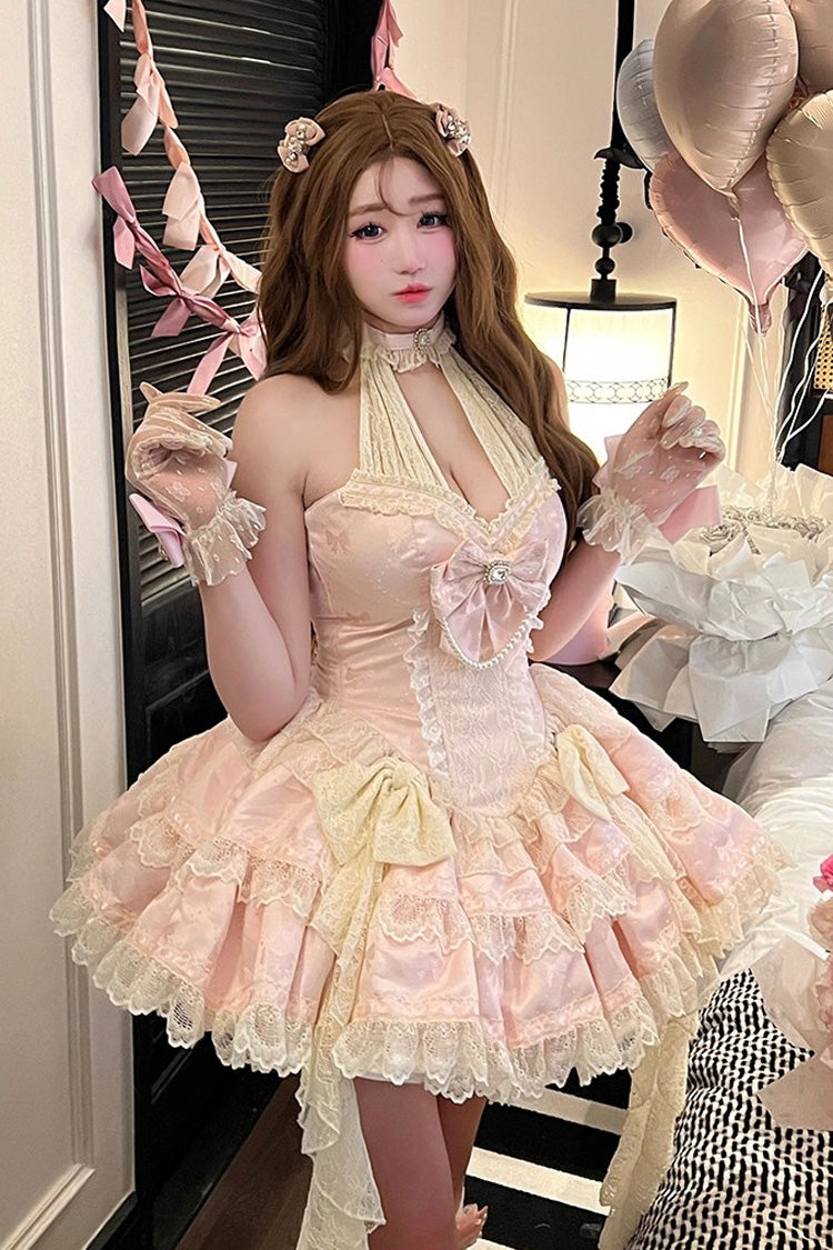 Beloved Young Lady Halterneck Sleeveless Dress, Double-Layered Ruffle Bow Lace Elegant