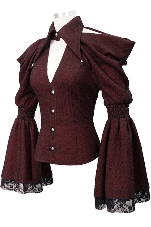 Crimson Gothic Bardot Blouse with Flared Cuffs