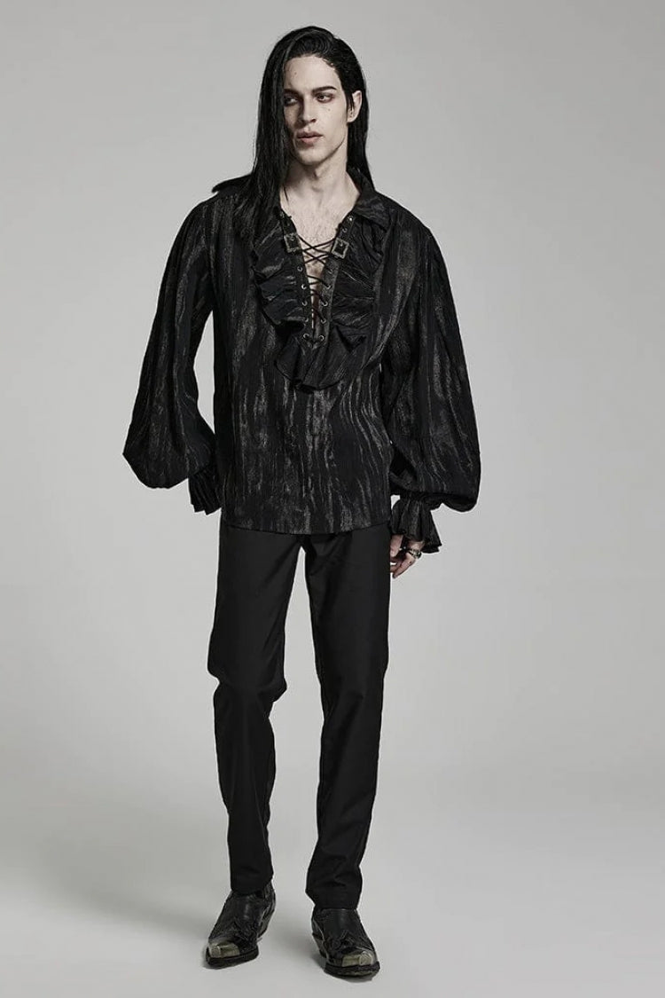 Gothic Men's Blouse with Lantern Sleeves and Ruffled V-Neck - Two Tones