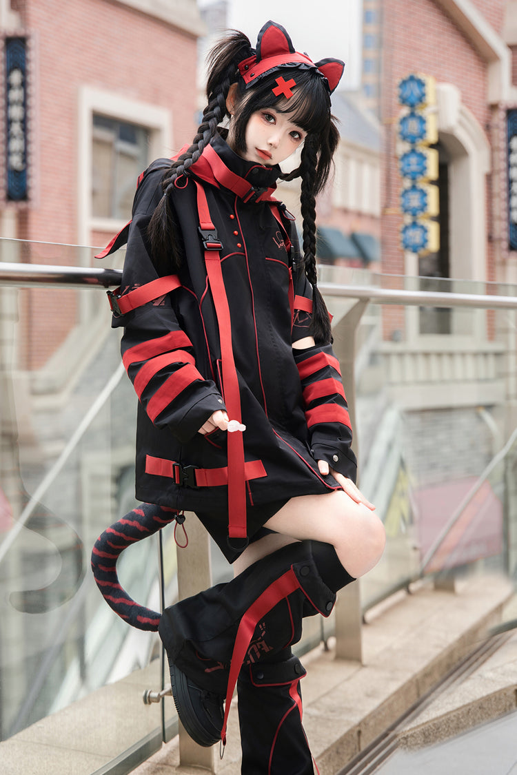 Crimson & Noir Long Sleeve Print Cat Ear Hooded Jirai Kei Stylish Coat