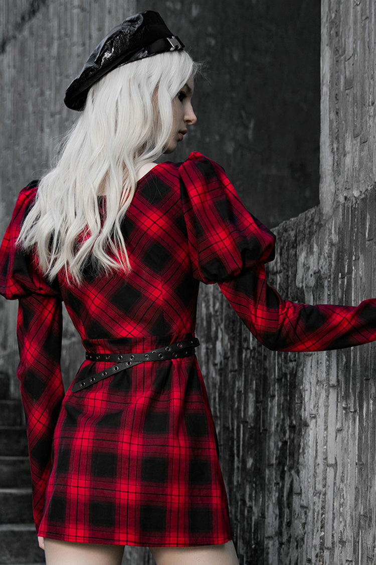 Crimson Noir Lattice High-Waist Belted Steampunk Dress with Long Sleeves