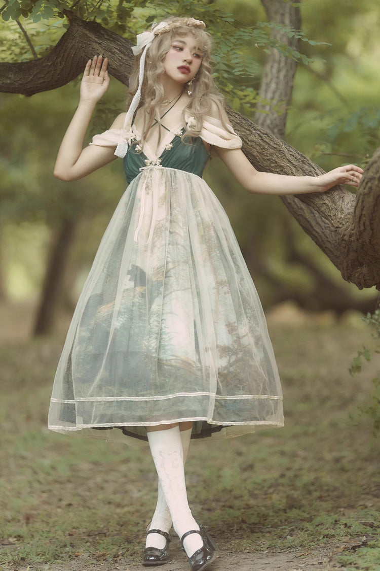 Emerald V Collar Morning in Pine Forest Print Sweet Lolita Jumper