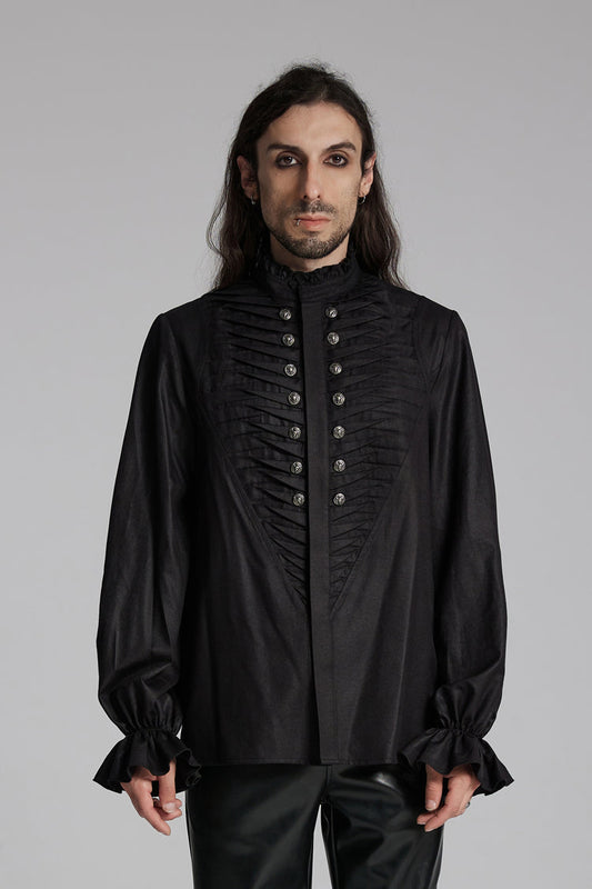 Men's Punk Ruffle Blouse with Beast Buckle Detail, Long Sleeve
