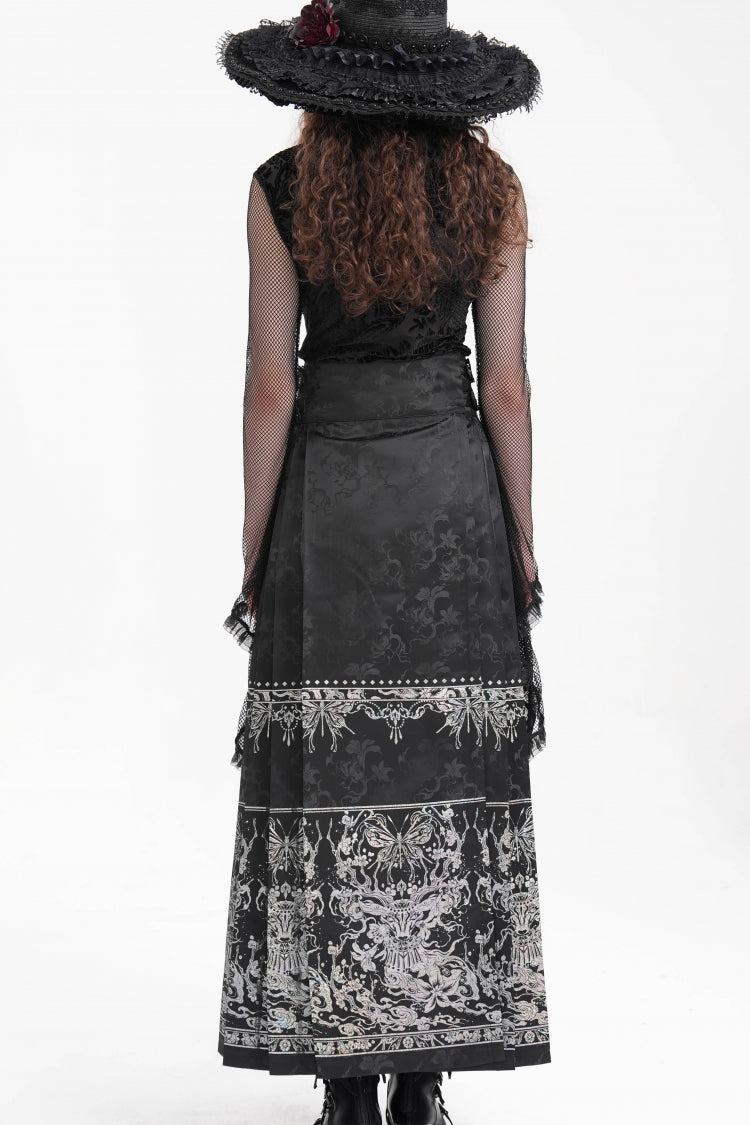 Ink-Black Embroidered Fringe Buckle-Trimmed Maxi Skirt