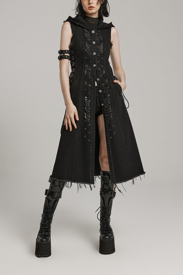 Sleeveless Hooded Vest with Drawstring and Pin Details