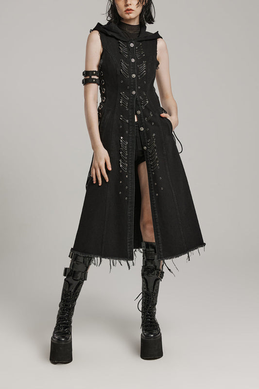 Sleeveless Hooded Vest with Drawstring and Pin Details