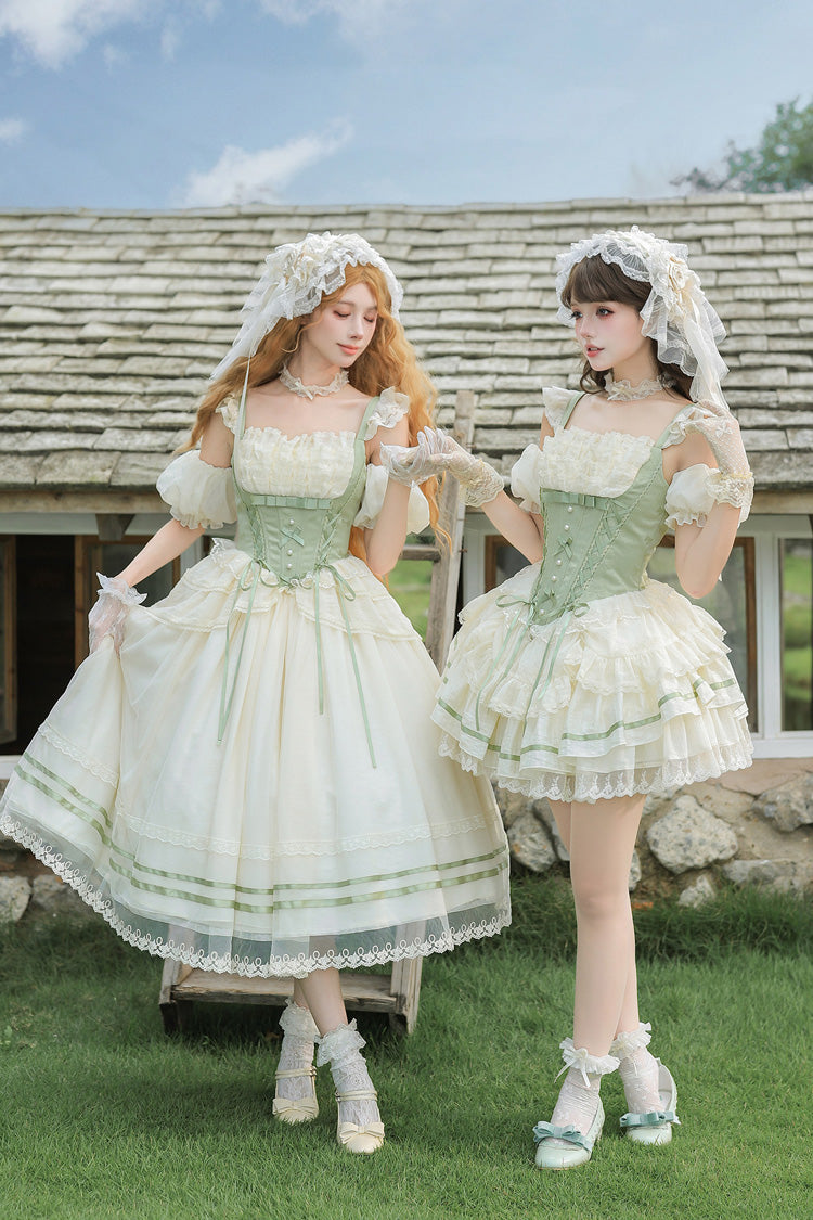 Emerald Square Neck Ruffled Lace Bow Accent Sweet Lolita JSK in Two Styles