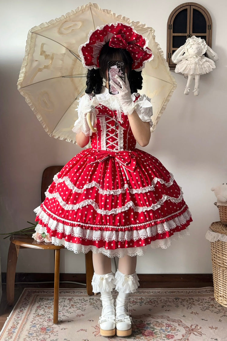 Ruby Polka Dot Ruffle Dress with Corset Lacing