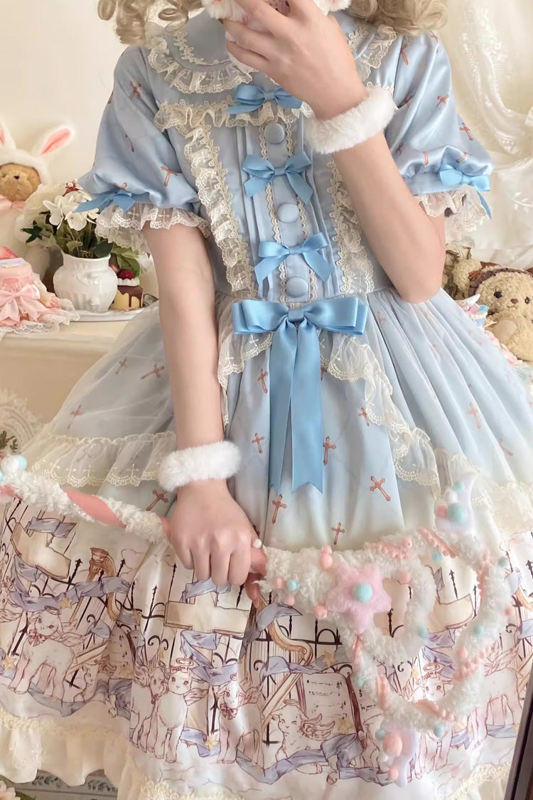 Lapel Collar Short Sleeve Printed Ruffled Bow Sweet Dress - Angel Lamb