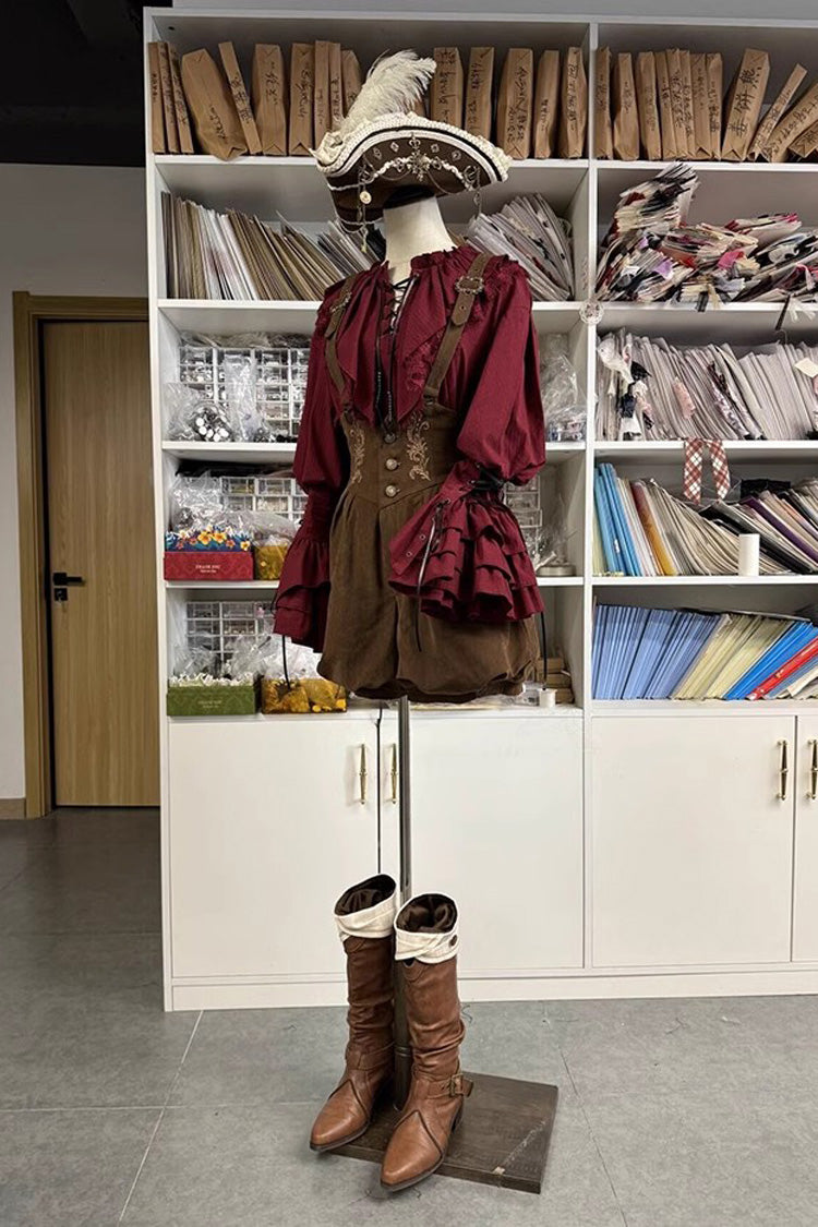 Burgundy Pirate Navigation Treasure Map V-Neck Long Hime Sleeve Ouji Lolita Blouse