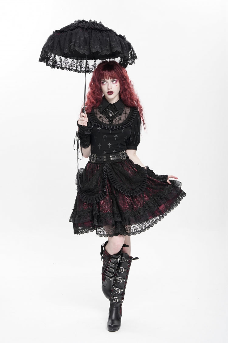 Crimson & Noir Multi-Layer Ruffled Buckle Strap Gothic Skirt