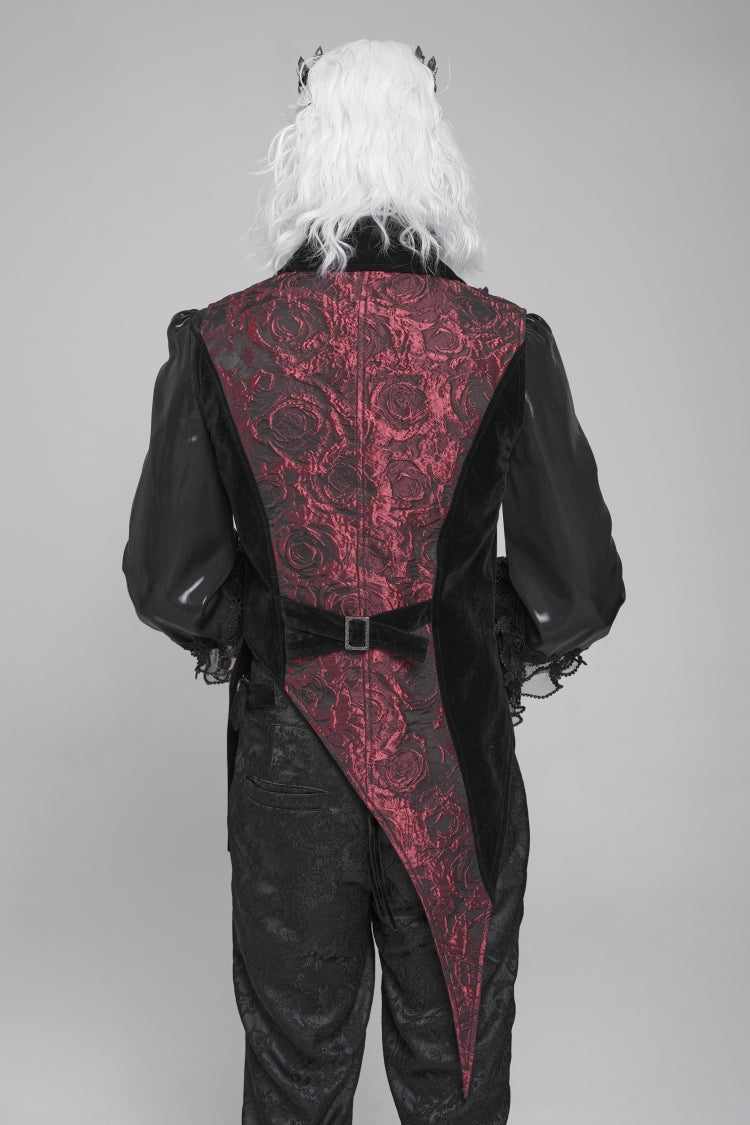 Men's Gothic Vest with Rose Print and Contrast Color, Detachable Feather Accessory