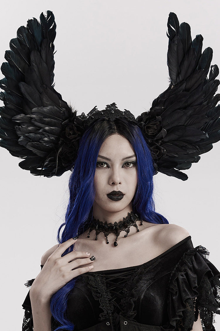Gothic Headwear with Faux Feather Wings and Lace Accents